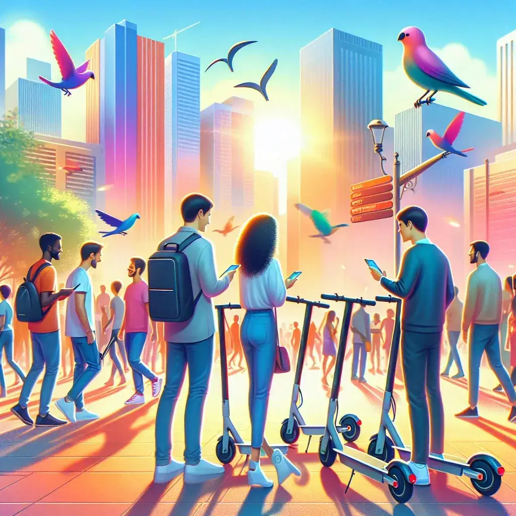 "Aplicativo de aluguel de scooters elétricas da startup brasileira, destacando a interface do usuário e a facilidade de uso na cidade."
