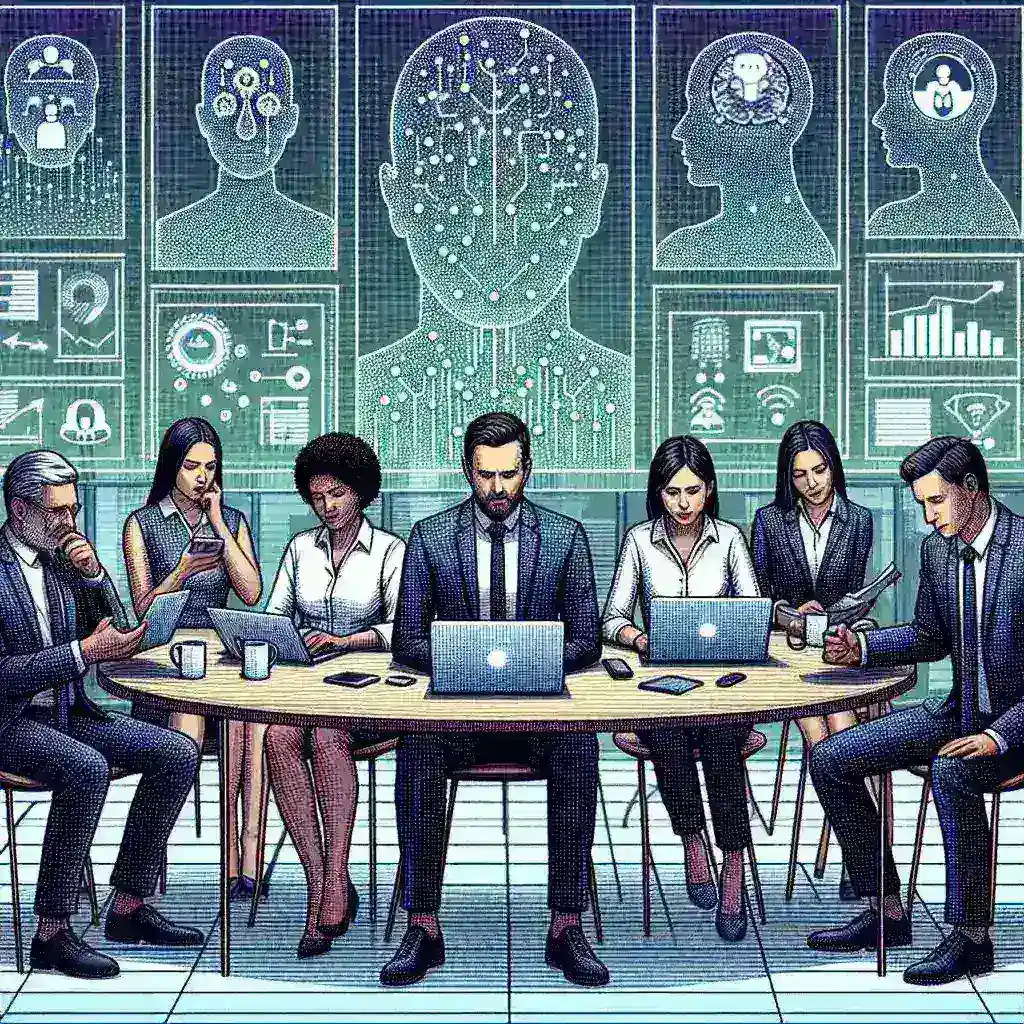 "Colagem de plataformas de inteligência artificial para gestão emocional de equipes corporativas, destacando ferramentas de apoio emocional, análise de sentimentos e interação colaborativa entre membros da equipe."
