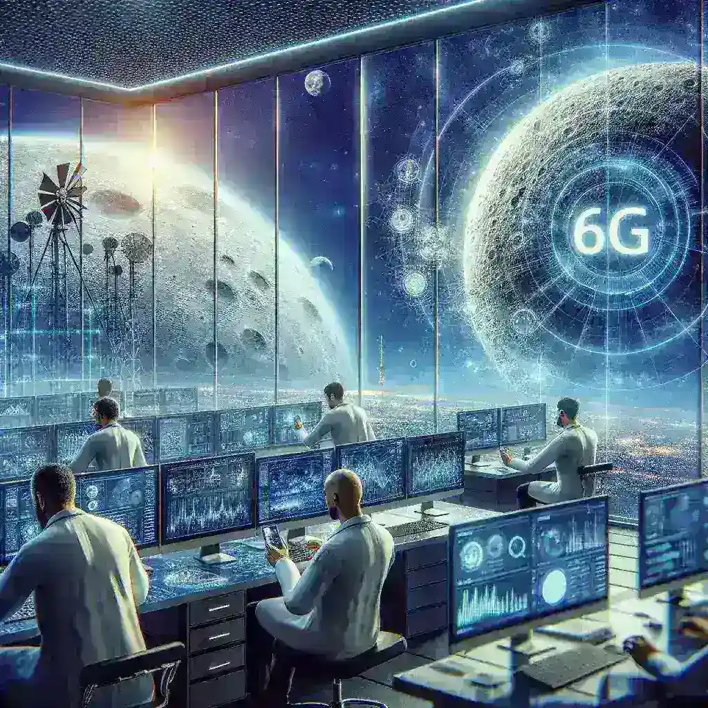 Alt text: "Pesquisadores discutindo a viabilidade do uso de tecnologia 6G em missões lunares, com gráficos e diagramas em um ambiente de laboratório."