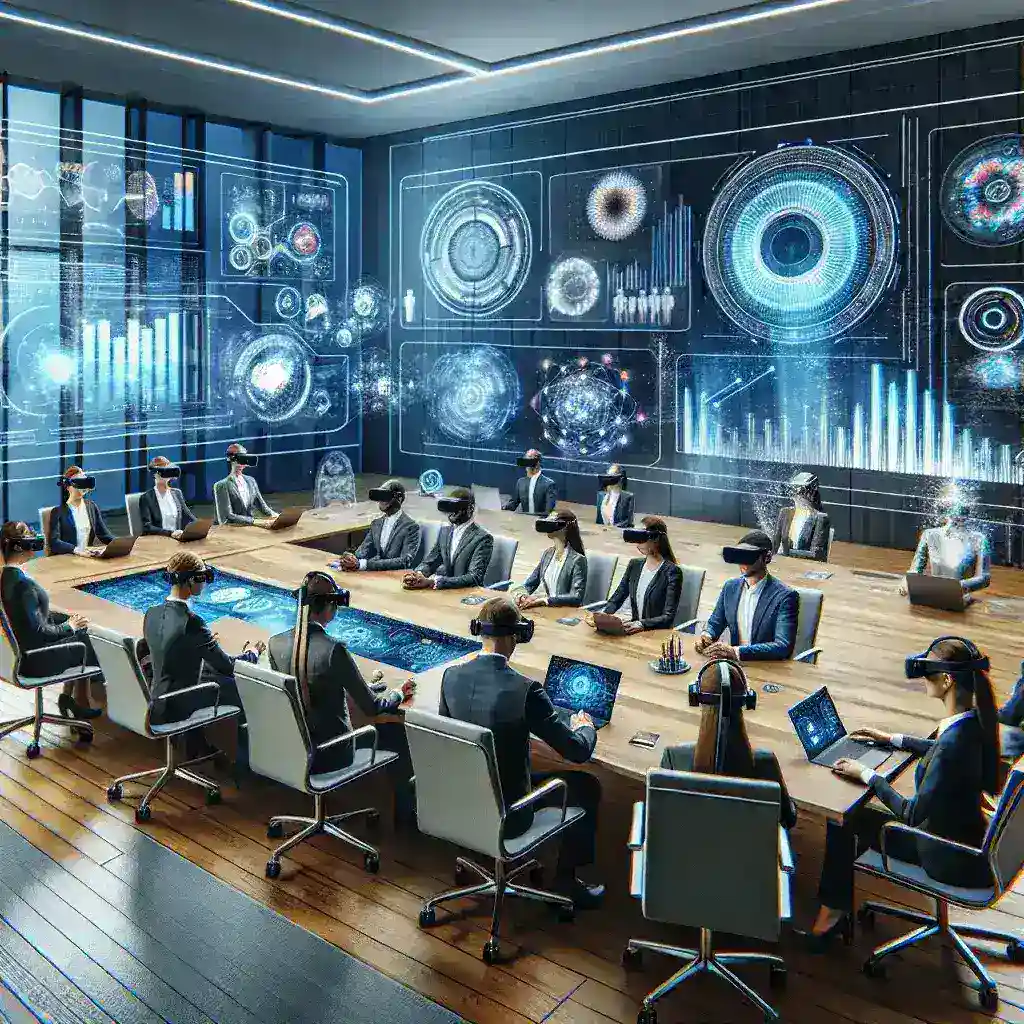 "Screenshot of a corporate training session conducted in mixed reality, showcasing employees engaging with interactive learning tools on VR headsets, representing innovative corporate learning platforms launched by companies."